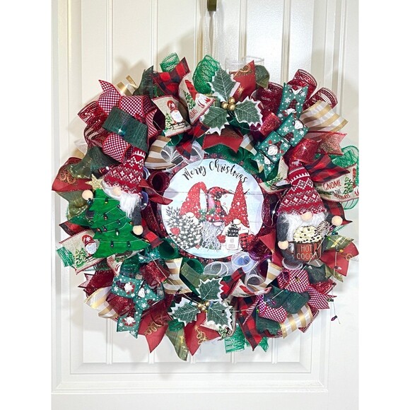 Handmade Christmas Tree Gnome Holiday Ribbon Door Wreath 22 ins W71 - Picture 9 of 11